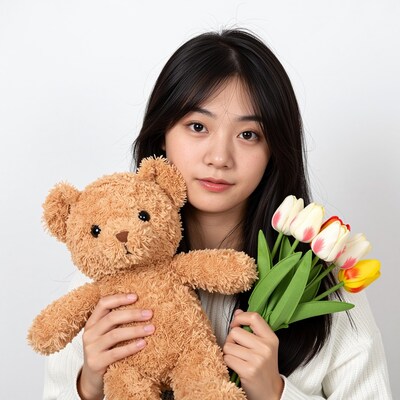 Asian girl with teddy bear and tulips