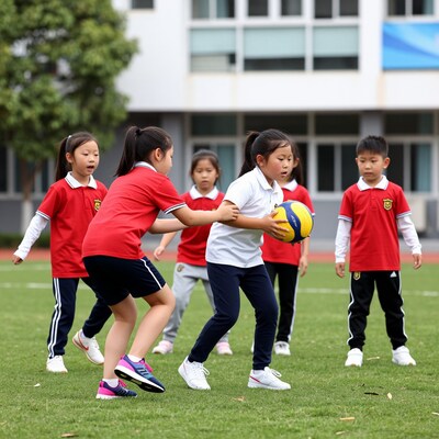 Asian schoolchildren playing volleyball