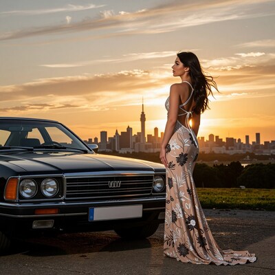 Woman in Floral Gown by Vintage Car at Sunset