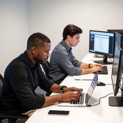 Two men coding at desks
