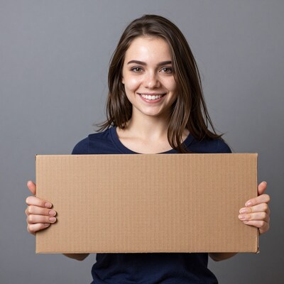 Smiling woman holding cardboard box
