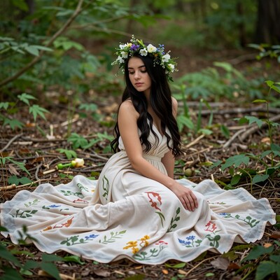 Woman in flower crown forest