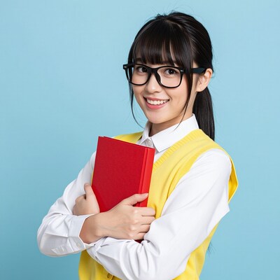 Smiling Asian student girl with glasses and red book