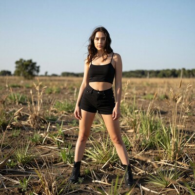 Young woman in black crop top and shorts standing in field