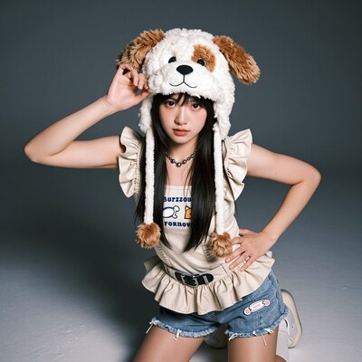 Asian girl in dog ear hat