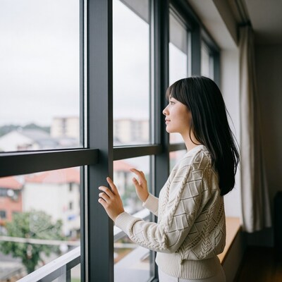 Asian woman looking out window