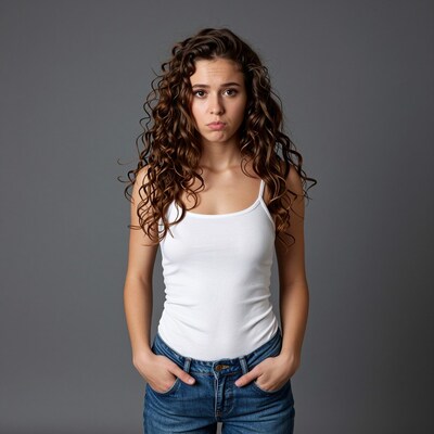 Young woman with curly brown hair pouting