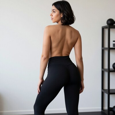 Topless woman in black leggings