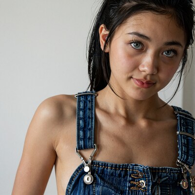 Young Asian woman in denim overalls
