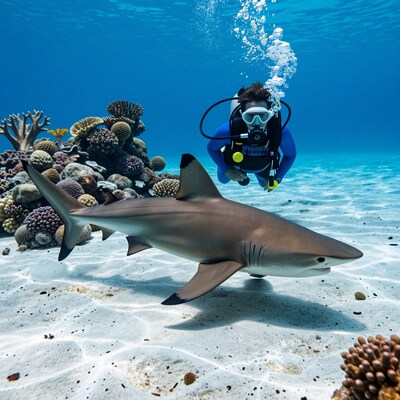Scuba Diver with Shark on Reef
