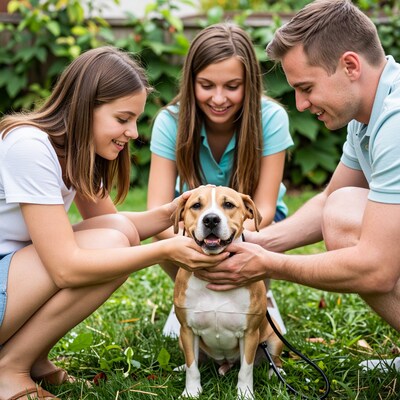 Family petting dog in garden