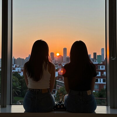 Two women watching sunset over city