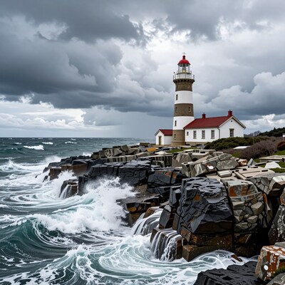 Lighthouse on stormy rocky coast