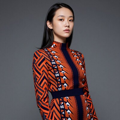 Asian woman in geometric orange dress