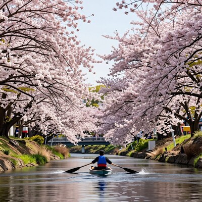 Man Rowing Boat Under Cherry Blossoms