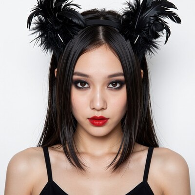 Asian woman with black feather headdress