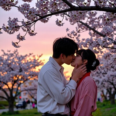 Japanese couple kissing under cherry blossoms