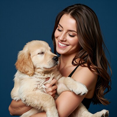 Woman hugging golden retriever puppy