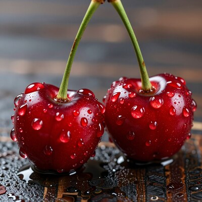 Two wet red cherries