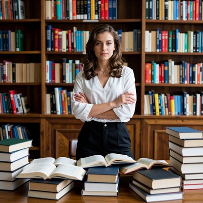 Woman in Library with Books