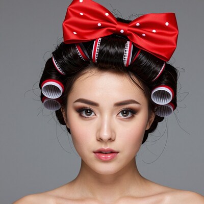 Woman with Hair Rollers and Red Bow