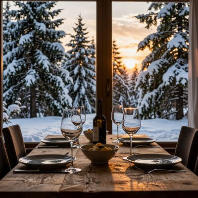 Romantic Dinner Table with Snowy Sunset View