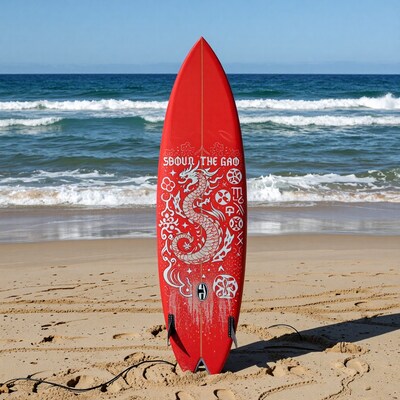 Red Dragon Surfboard on Beach