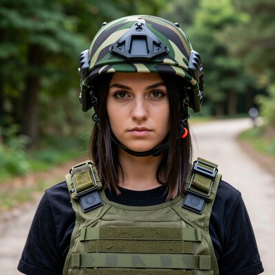 Female Soldier in Camouflage Helmet