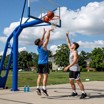 Two young men playing basketball