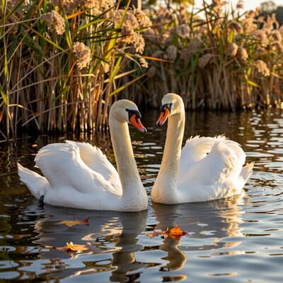 Two White Swans in Lake