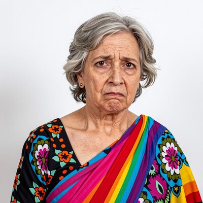 Elderly woman with gray hair and sad expression