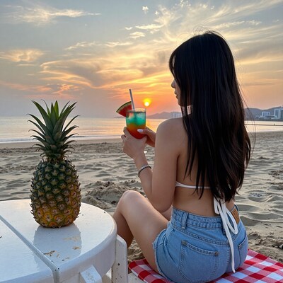 Woman watching sunset on beach with pineapple cocktail