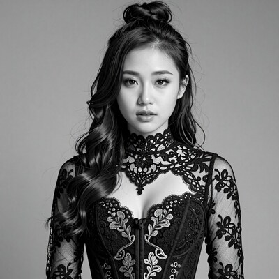 Asian woman in black lace dress