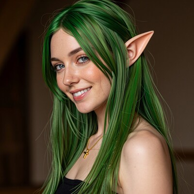 Green-haired elf woman smiling