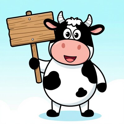Cartoon Cow Holding Wooden Sign