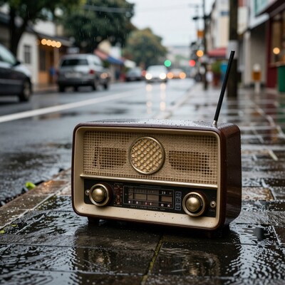Vintage Radio on Rainy Street