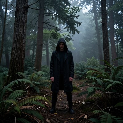 Man in black hooded coat in misty forest