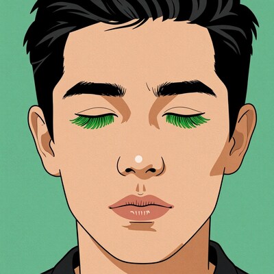 Man with green eyelashes