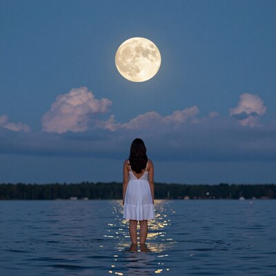 Woman in white dress standing in lake under full moon