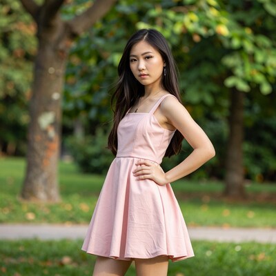 Young Asian woman in pink dress
