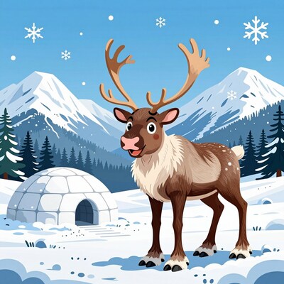 Cartoon Reindeer in Snowy Landscape