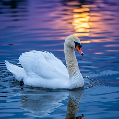 White Swan Swimming at Sunset