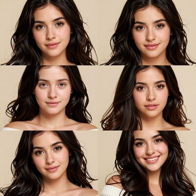 Young woman six facial expressions