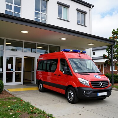 Red Ambulance at Hospital Entrance