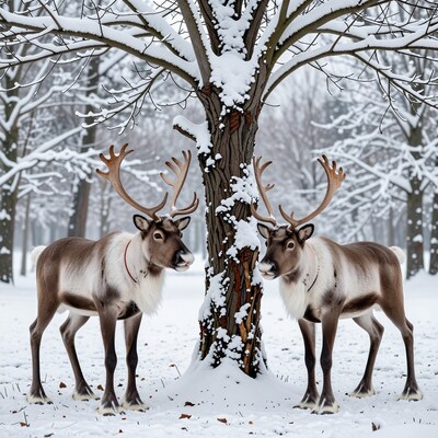 Two Reindeer in Snowy Forest