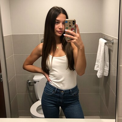 Young woman taking mirror selfie in bathroom