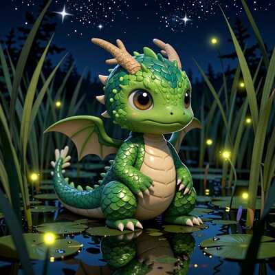 Cute Green Dragon in Pond