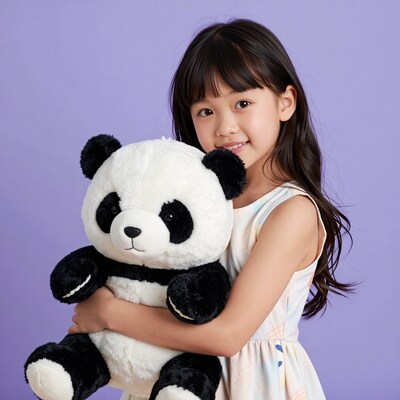 Girl hugging panda teddy bear