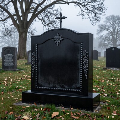 Black Tombstone in Foggy Cemetery
