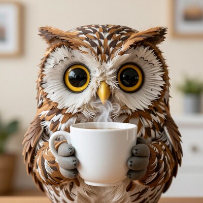 Owl Holding Coffee Cup